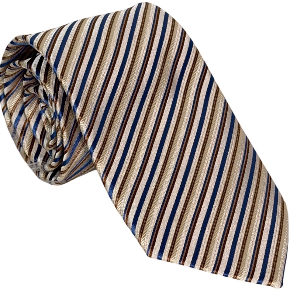 Gianfranco Italy Mens Striped Necktie Blue Tan Brown Microfiber Hand Made